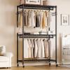 imageHeavy Duty Rolling Garment Rack with Adjustable Wire Shelving 3 Tiers Clothes Rack with Double Rods and Side Hooks Freestanding Wardrobe Storage Rack Metal Clothing Rack BlackH12 Large