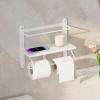 imageHomeiju Double Toilet Paper Holder with Shelf Wooden WallMounted Toilet Paper Roll Holder WallMounted Bathroom Organizer Double Roll Suitable for Bathrooms Rustic BrownWhite
