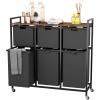 imageHOMEIJU Laundry Basket with Wheels Rolling Laundry Hamper Organizer with Large Desktop Laundry Sorter with 6 PullOut and Removable Laundry Bags Metal Frame Rustic Brown and Black