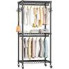 imageHeavy Duty Rolling Garment Rack with Adjustable Wire Shelving 3 Tiers Clothes Rack with Double Rods and Side Hooks Freestanding Wardrobe Storage Rack Metal Clothing Rack BlackH12 Mini