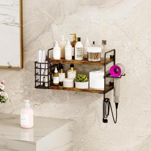 image3in1 Wall Mounted Hair Dryer Holder with 2 Tier Shelves ampamp Detachable Basket Space Saving Organizer for Bathroom Kitchen Bedroom RustResistant Easy Install