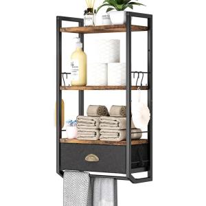 imageBathroom Storage Organizer Wall Mounted 3 Tier Bathroom Towel Rack Shelf with Storage Drawer Double Towel Bars and Hooks Industrial Bathroom Shelves Over Toilet Rustic Black and Brown AA