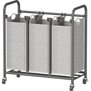 imageHOMEIJU 3Bag Laundry Sorter Laundry Hamper Cart with Heavy Duty Rolling Lockable Wheels and Removable Bags Laundry Organizer Basket Clothes Separator Hamper Grey
