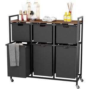 imageHOMEIJU Laundry Basket with Wheels Rolling Laundry Hamper Organizer with Large Desktop Laundry Sorter with 6 PullOut and Removable Laundry Bags Metal Frame Rustic Brown and Black
