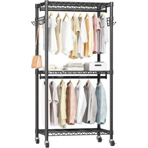 imageHeavy Duty Rolling Garment Rack with Adjustable Wire Shelving 3 Tiers Clothes Rack with Double Rods and Side Hooks Freestanding Wardrobe Storage Rack Metal Clothing Rack BlackH12 Medium