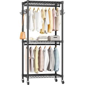 imageHeavy Duty Rolling Garment Rack with Adjustable Wire Shelving 3 Tiers Clothes Rack with Double Rods and Side Hooks Freestanding Wardrobe Storage Rack Metal Clothing Rack BlackH12 Mini