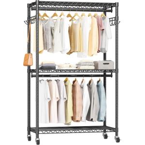 imageHeavy Duty Rolling Garment Rack with Adjustable Wire Shelving 3 Tiers Clothes Rack with Double Rods and Side Hooks Freestanding Wardrobe Storage Rack Metal Clothing Rack BlackH12 Large