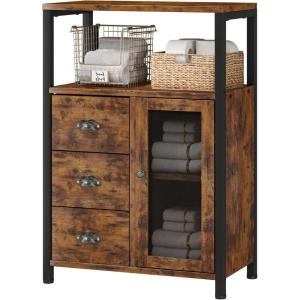 imageHomeiju Bathroom Floor Storage Cabinet Organizer with 3 Removable Drawers and 1 Door Industrial Floor Storage Cabinet for Kitchen Living Room Bathroom Home OfficeRustic Blackbrown