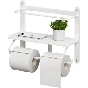 imageHomeiju Double Toilet Paper Holder with Shelf Wooden WallMounted Toilet Paper Roll Holder WallMounted Bathroom Organizer Double Roll Suitable for Bathrooms Rustic BrownWhite