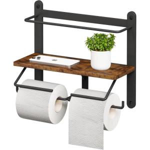imageHomeiju Double Toilet Paper Holder with Shelf Wooden WallMounted Toilet Paper Roll Holder WallMounted Bathroom Organizer Double Roll Suitable for Bathrooms Rustic BrownRustic Brown