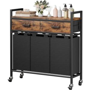 imageLaundry Hamper 3 Section Rolling Laundry Basket Organizer with 2 Storage Drawers and Large Desktop Laundry Sorter with Wheels and Removable Bags Metal Frame Rustic Brown and Black