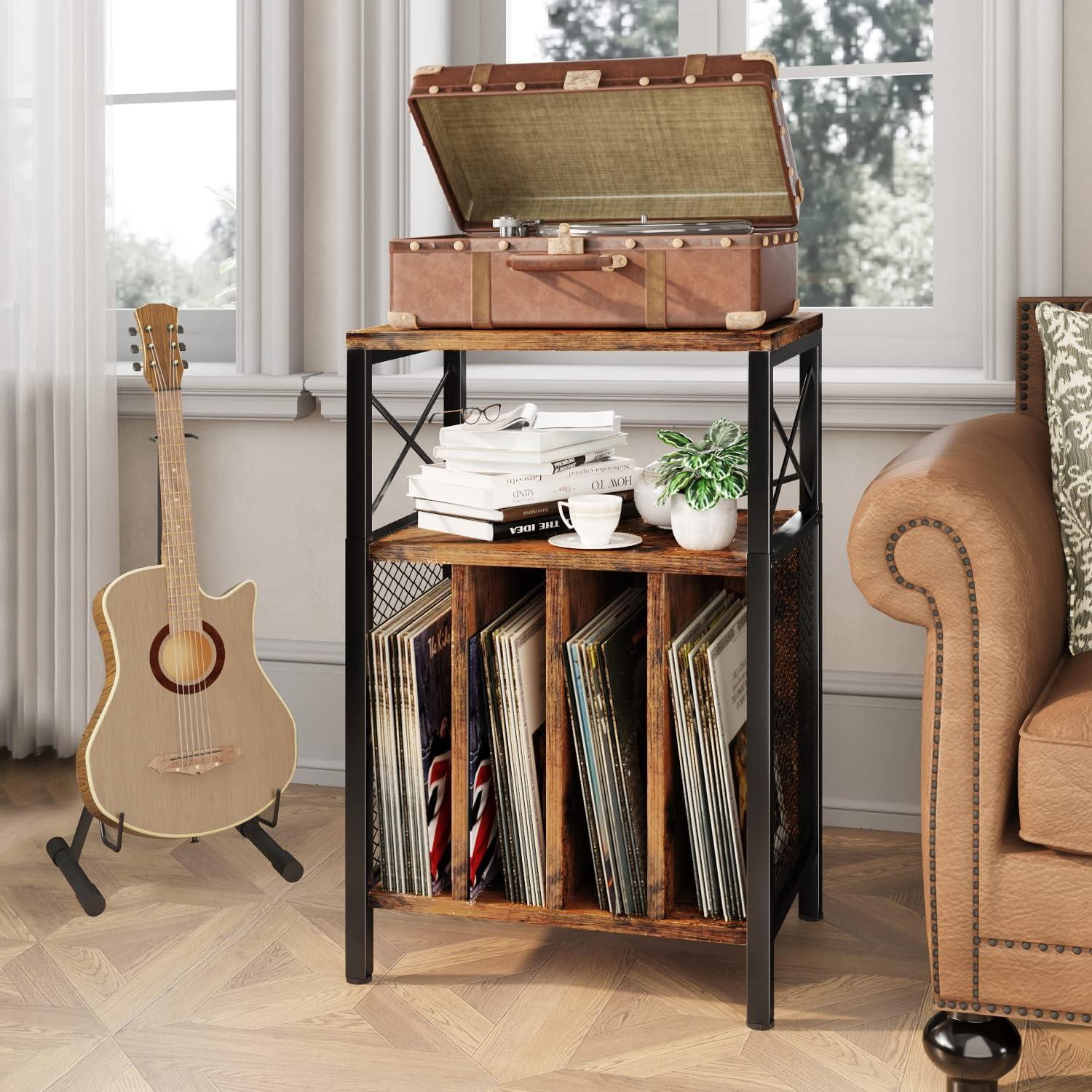image3Tier Record Player Stand Vinyl Record Storage Turntables for Vinyl Records Record Player Table Holds Up to 200 Albums MidCentury Turntable Stand for Living Room Bedroom OfficeBlack