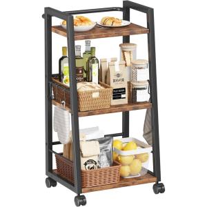image4 Tier Kitchen Storage Cart with Lockable Wheels ampamp 6 Hooks Mobile Utility Organizer Rolling Cart for Small Spaces Bar Cart for Kitchen and Living Room Rustic Brown3 Tier