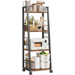image4 Tier Kitchen Storage Cart with Lockable Wheels ampamp 6 Hooks Mobile Utility Organizer Rolling Cart for Small Spaces Bar Cart for Kitchen and Living Room Rustic Brown4 Tier