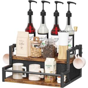imageCoffee Syrup Organizer Rack 2Tier Bottle Holder Stand with K Cup Storage Drawer for Coffee bar Coffee Bar Accessories Wine Rack Storage Shelves for Syrup