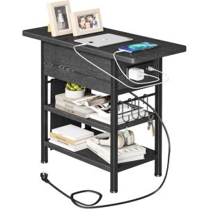 imageEnd Table with Charging Station Flip Top Nightstand with USB Ports and OutletsCouch Side Table with Fabric Bag and Hooks Bedside Table for Space Saving Living Room Bedroom Rustic BrownBlack