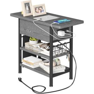 imageEnd Table with Charging Station Flip Top Nightstand with USB Ports and OutletsCouch Side Table with Fabric Bag and Hooks Bedside Table for Space Saving Living Room Bedroom Rustic BrownGrey