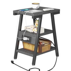 imageEnd Table with Charging Station Small Side Tables with Lucky 7 Metal Shape 3Tier Nightstand with Outlets and USB Ports Adjustable Leveling Feet side Table for Living Room Bedroom Rustic BrownGrey