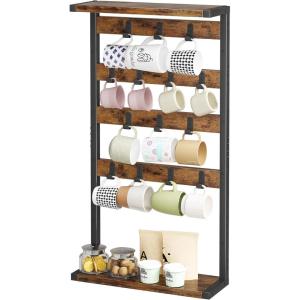 imageHomeiju 14Hook Large Coffee Mug Holder for CountertopWall Mounted4 Tier Coffee Cup Holder with Top ampamp Bottom Storage ShelfAdjustable Hook ampamp ShelvesMug Tree for Home BarCoffee StationBrown