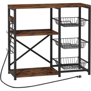 imageHomeiju Kitchen Island Bakers Rack with Power Outlet Microwave Stand Coffee Bar with 3 Removable Wire Baskets Kitchen Storage Rack with 6 SHooks for Spices Pots and Pans  Rustic Brown