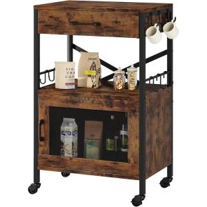 imageHomeiju Kitchen Island Cart Kitchen Storage Cart with Drawer Microwaves Stand Coffee Cart Rolling Kitchen Cabinet Cart with Hooks for Kitchen Dining RoomBlack and Brown