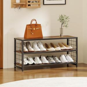 imageHomeiju Shoe Bench 3 Tier Entryway Bench Shoe Storage Bench with Padded Seating ampamp Drawers 355 Metal Entryway Foyer Hallway Bench Vintage BrownWith Wood Shelf