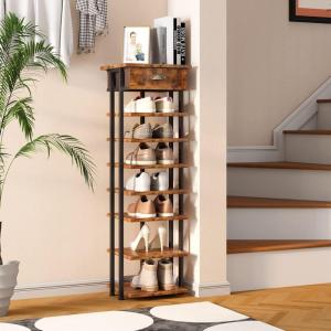 imageHomeiju Shoe Rack Organizer8Tier Vertical Shoe RackWooden Shoes Rack for EntrywayNarrow Shoe Rack Shoes Storage Organizer with Wooden Top ampamp Drawer for Entryway HallwayRustic BrownVertical 8Tier Shoe Rack with Drawers