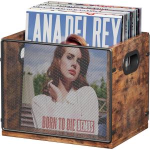 imageHomeiju Vinyl Record Storage Record Box Case Crate Vinyl Record Album Holder Desktop Metal ampamp Wooden LP Record Crate Holds up to 60 RecordsPatent NoD1024563Cube Brown Black 1 Pack