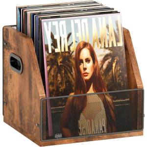 imageHomeiju Vinyl Record Storage Record Box Case Crate Vinyl Record Album Holder Desktop Metal ampamp Wooden LP Record Crate Holds up to 60 RecordsPatent NoD1024563Rustic Brown Black 1 Pack