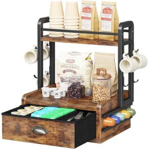 imageHomeiju Wooden ampamp Metal Coffee Station Organizer  40 Pods Drawer ampamp 8 Mug Hooks  Compatible Nespresso VertuoKeurig  SpaceSaving Countertop Storage Rustic Brown