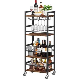 imageHomeiju Small Bar Cart Home Bar Serving Cart with 4Tier Shelf Mobile Kitchen Shelf with Large Storage and Glass Holder Mini Bar Cart for Small Spaces Kitchen and Dining Room Rustic BrownBar Cart
