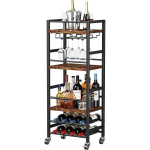 imageHomeiju Small Bar Cart Home Bar Serving Cart with 4Tier Shelf Mobile Kitchen Shelf with Large Storage and Glass Holder Mini Bar Cart for Small Spaces Kitchen and Dining Room Rustic BrownBar Cart with Bottle Rack