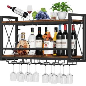 imageHomeiju Wall Mounted Wine Rack Bottle ampamp Glass Holder WoodMetal Retro Wine Rack Wine Bottles Display Wall Storage for Kitchen Dining Room Home Bar315W x 791D x 1685H