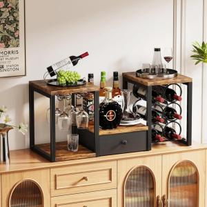 imageHomeiju Wine Racks Countertop with Glass Holder Storage Drawer and Wine Storage Freestanding Wine Rack for Kitchen Living Room Home BarRustic Brown