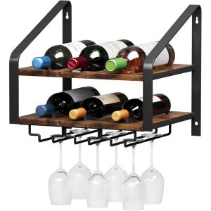 imageWall Mounted Wine Rack for 6 Wine Bottles and 6 Glass Holder 2Tier Wall Wine Rack Wood Wine Racks for Wall WoodMetal Wine Bottle Holder for Home Bar Wine Kitchen StorageBrown Black