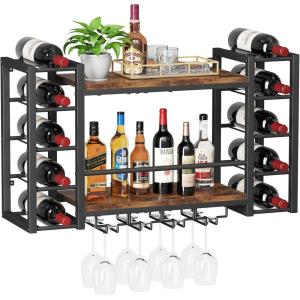 imageHomeiju Wall Mounted Wine Rack Bottle ampamp Glass Holder WoodMetal Retro Wine Rack Wine Bottles Display Wall Storage for Kitchen Dining Room Home Bar319W x 98D x 197H