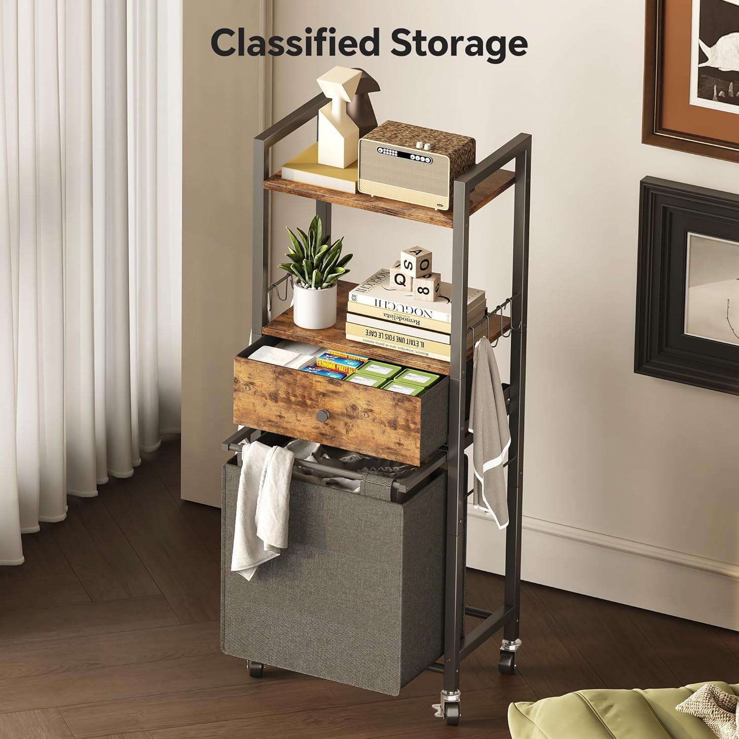 image2 Tiers Laundry Hamper with Fabric Drawer and 2 Wooden Shelves Laundry Basket with Removable Bag and 8 Storage Hooks Laundry Sort with Divided Bag for Laundry Room Bathroom Bedroom Dorm