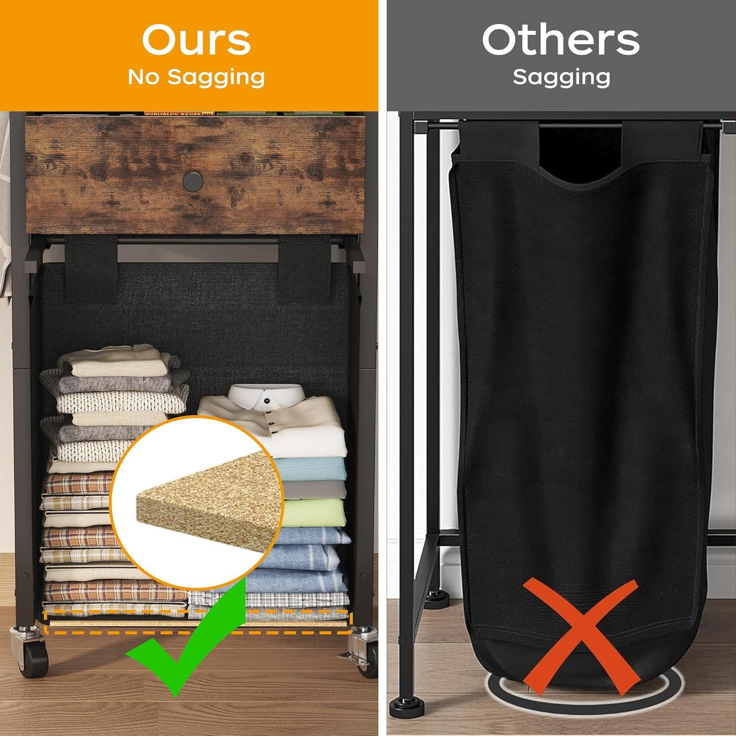 image2 Tiers Laundry Hamper with Fabric Drawer and 2 Wooden Shelves Laundry Basket with Removable Bag and 8 Storage Hooks Laundry Sort with Divided Bag for Laundry Room Bathroom Bedroom Dorm