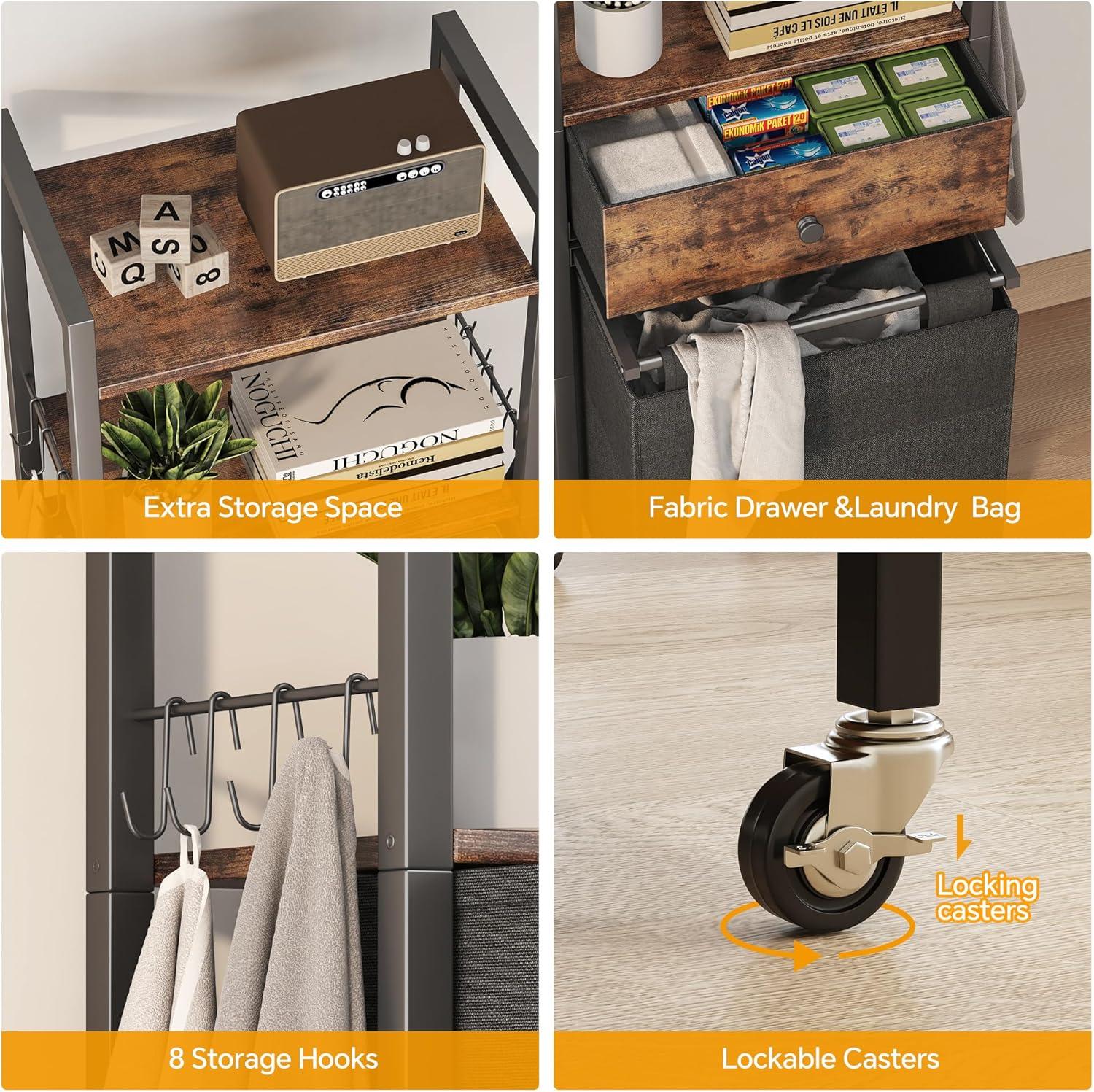 image2 Tiers Laundry Hamper with Fabric Drawer and 2 Wooden Shelves Laundry Basket with Removable Bag and 8 Storage Hooks Laundry Sort with Divided Bag for Laundry Room Bathroom Bedroom Dorm