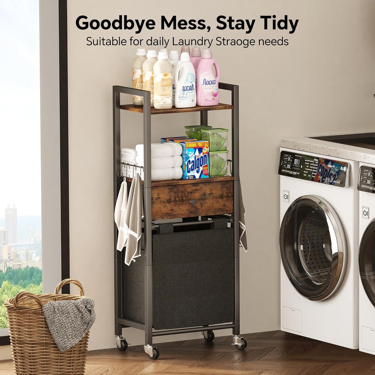 image2 Tiers Laundry Hamper with Fabric Drawer and 2 Wooden Shelves Laundry Basket with Removable Bag and 8 Storage Hooks Laundry Sort with Divided Bag for Laundry Room Bathroom Bedroom Dorm