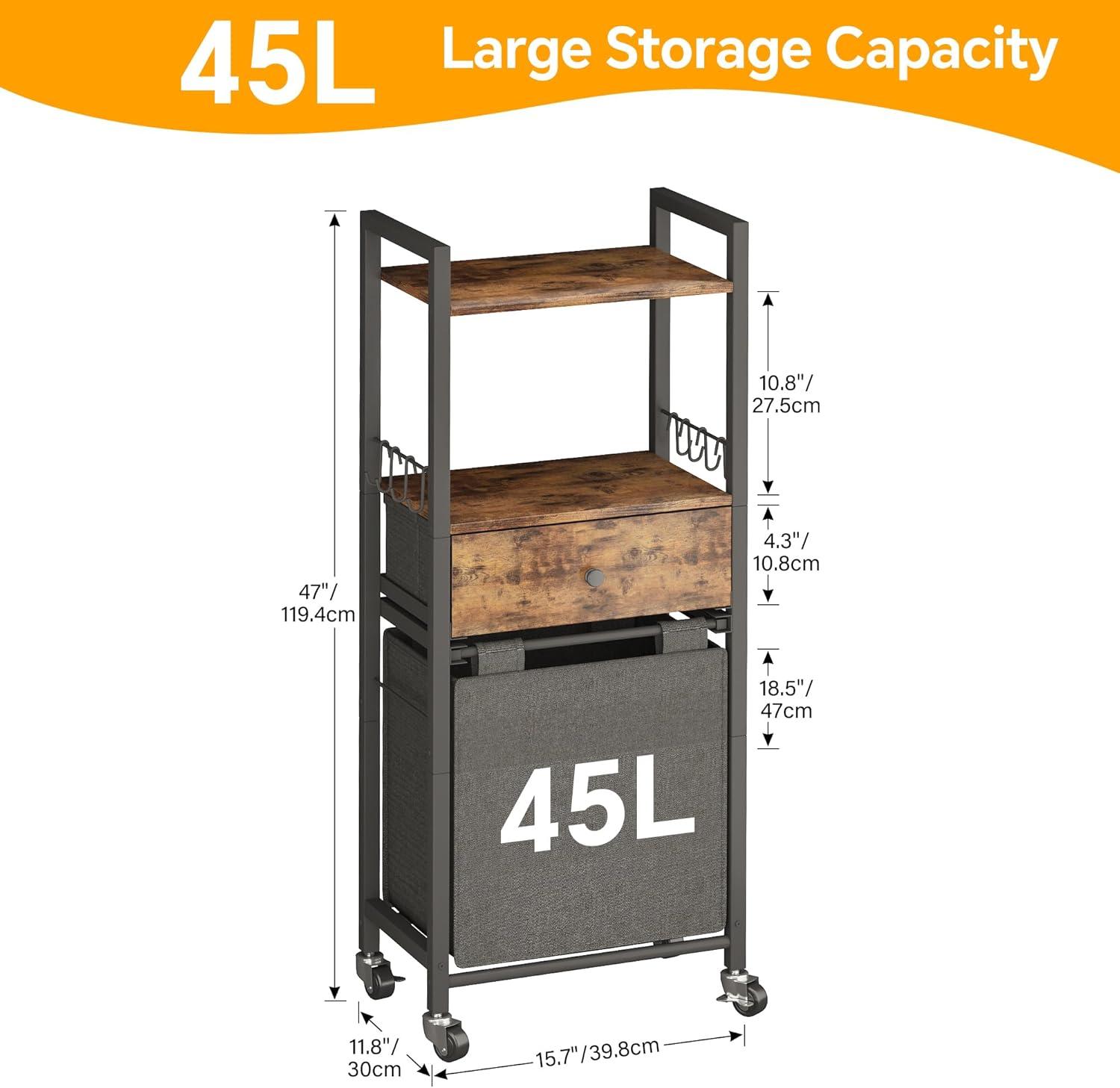 image2 Tiers Laundry Hamper with Fabric Drawer and 2 Wooden Shelves Laundry Basket with Removable Bag and 8 Storage Hooks Laundry Sort with Divided Bag for Laundry Room Bathroom Bedroom Dorm