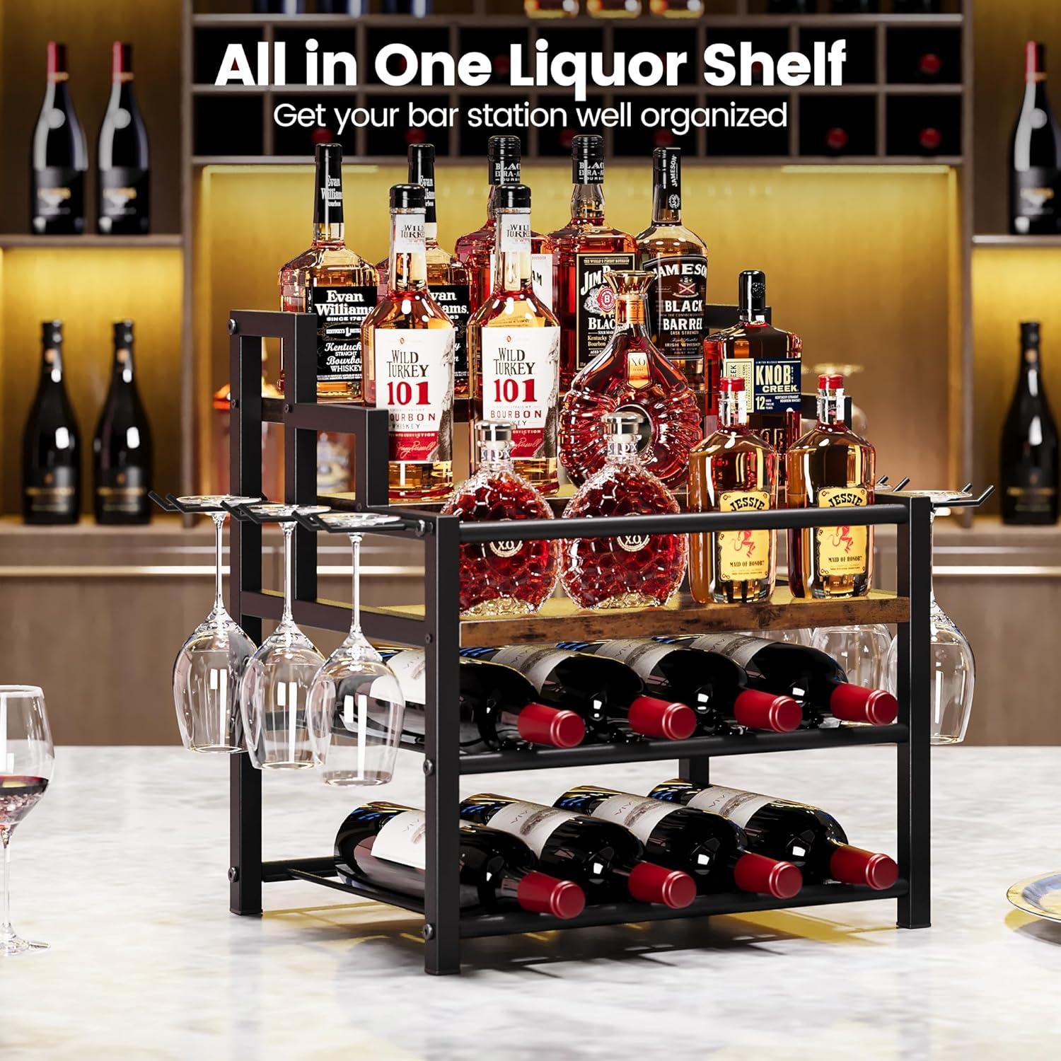 image5Tier Liquor Bottle Display Shelf Holds up to 20 Bottles Countertop Wine Racks with 6 Wine Glass Holders Mini Wine Bar Cabinet for Home All in One Coffee Syrup Whiskey Organizer