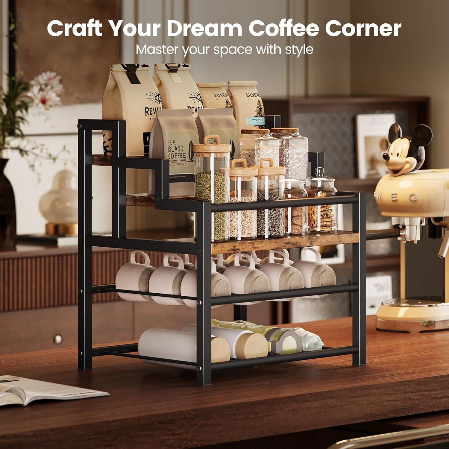 image5Tier Liquor Bottle Display Shelf Holds up to 20 Bottles Countertop Wine Racks with 6 Wine Glass Holders Mini Wine Bar Cabinet for Home All in One Coffee Syrup Whiskey Organizer