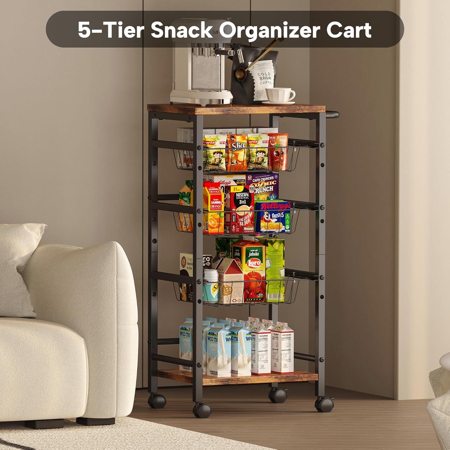 image5Tier Snack Organizer Cart with 3 Height Adjustable PullOut Baskets and 2 Storage Shelves Utility Kitchen Organizer and Storage Cart with Convenient Handle for Fruit Potato Onion Vegetable Snack5 Tier