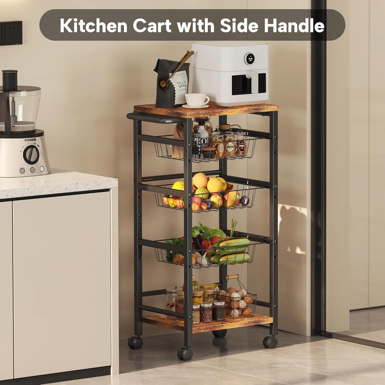 image5Tier Snack Organizer Cart with 3 Height Adjustable PullOut Baskets and 2 Storage Shelves Utility Kitchen Organizer and Storage Cart with Convenient Handle for Fruit Potato Onion Vegetable Snack5 Tier