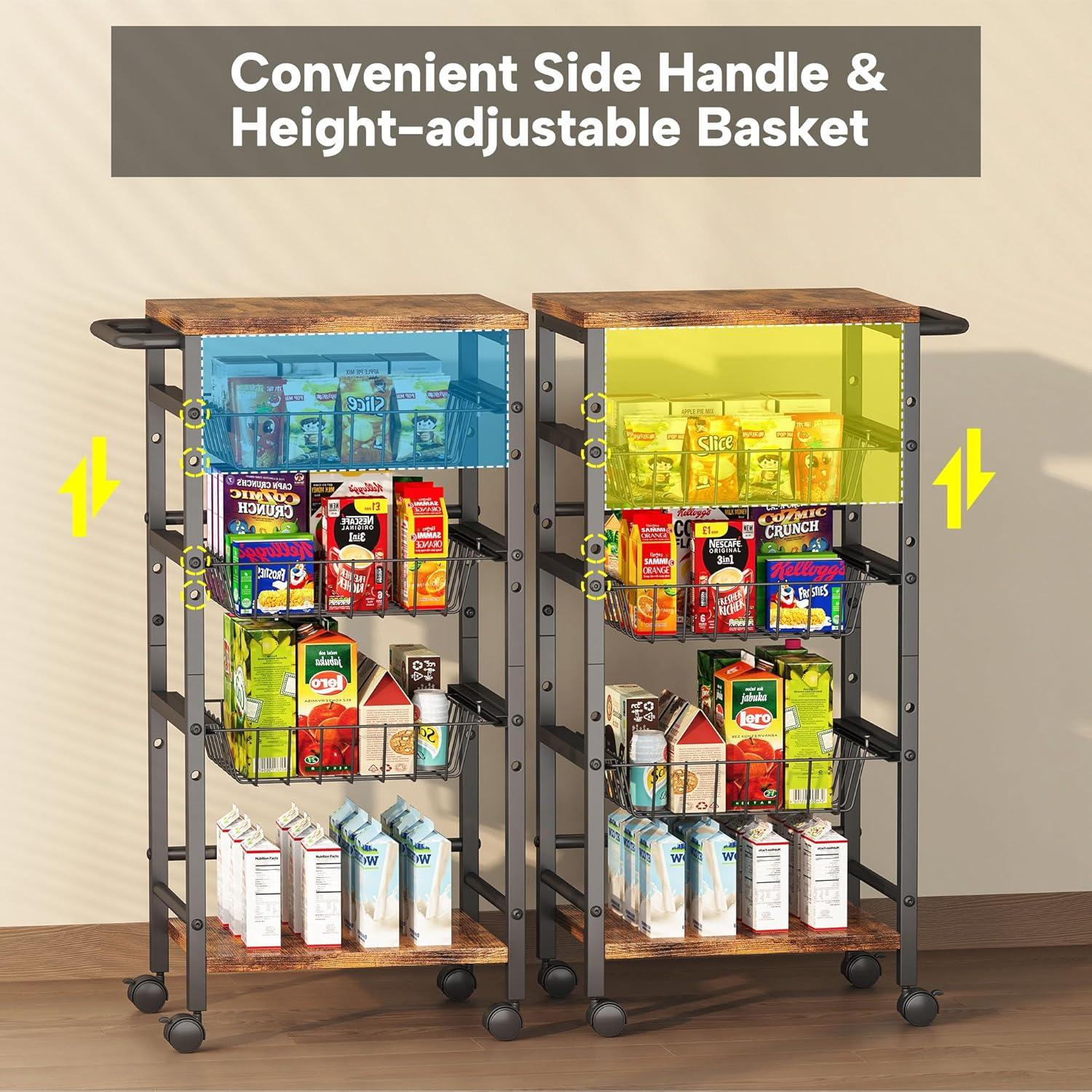 image5Tier Snack Organizer Cart with 3 Height Adjustable PullOut Baskets and 2 Storage Shelves Utility Kitchen Organizer and Storage Cart with Convenient Handle for Fruit Potato Onion Vegetable Snack5 Tier