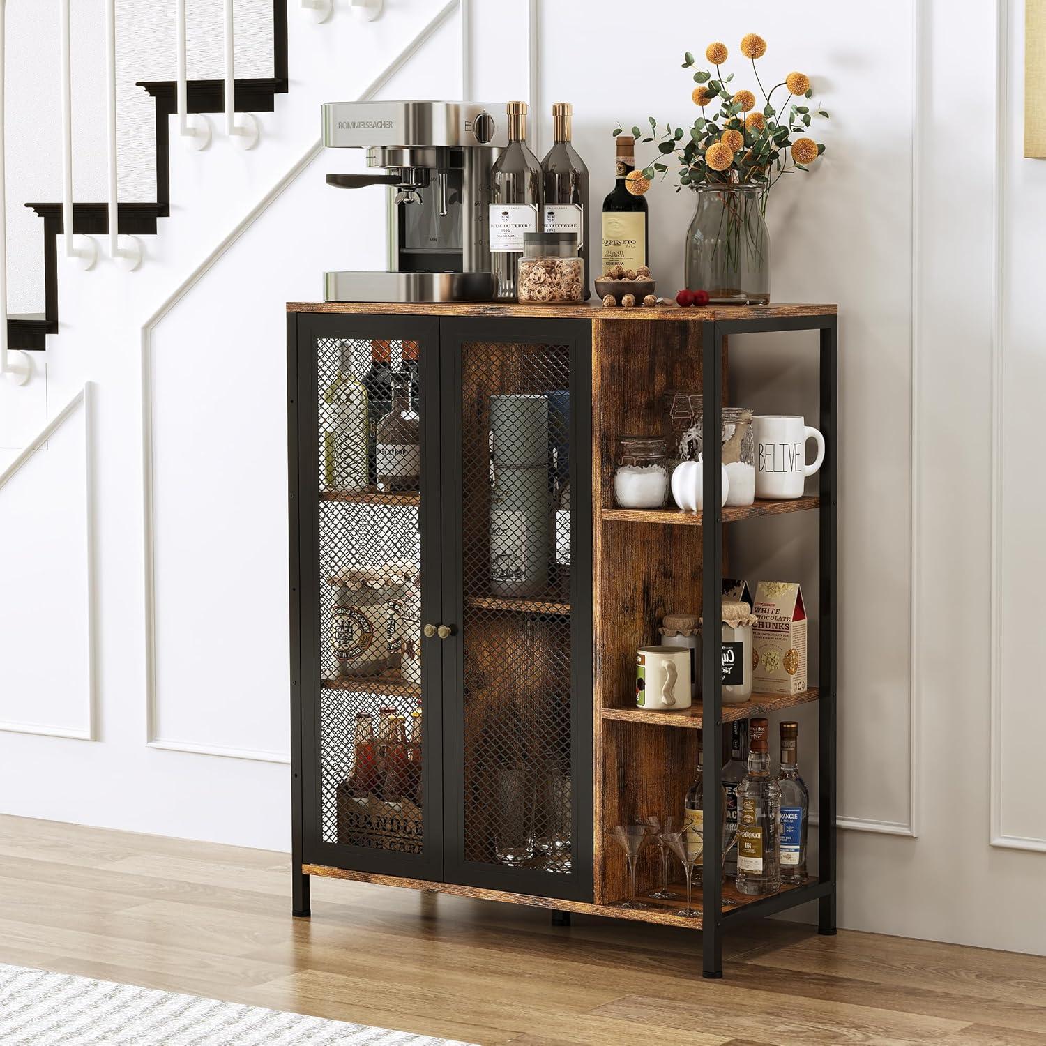 imageCoffee Bar Cabinet with Storage Liquor Cabinet Bar with 2 Visible Doors Small Coffee Station Cabinets Farmhouse Industrial Buffet Sideboard Cabinets for Home Kitchen Dining Room Living Room