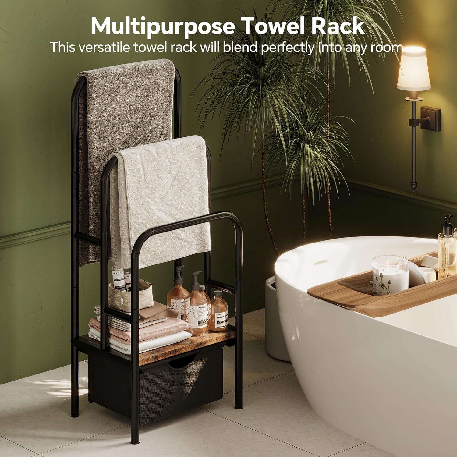 imageFreeStanding Towel Rack for Bathroom ampamp Blanket Holder 3Tier Towel Drying Rack 156quot L x 118quot W x 417quot H Blanket Ladder for BedroomLiving RoomRustic Brown