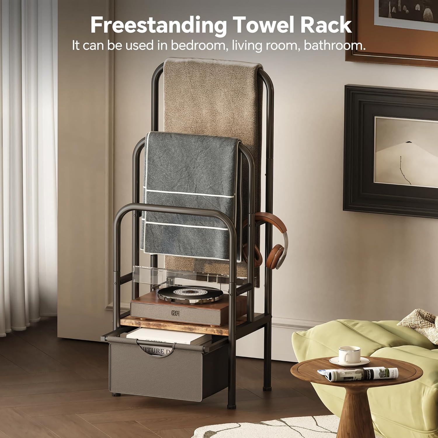 imageFreeStanding Towel Rack for Bathroom ampamp Blanket Holder 3Tier Towel Drying Rack 156quot L x 118quot W x 417quot H Blanket Ladder for BedroomLiving RoomRustic Brown