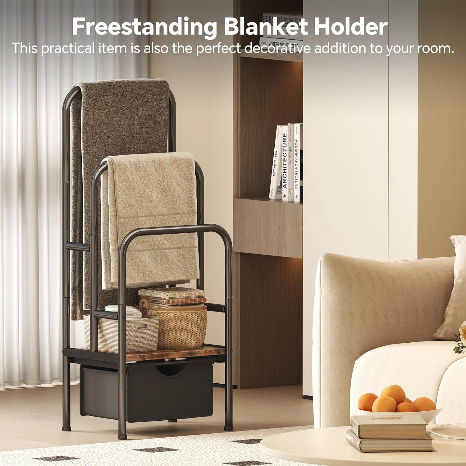 imageFreeStanding Towel Rack for Bathroom ampamp Blanket Holder 3Tier Towel Drying Rack 156quot L x 118quot W x 417quot H Blanket Ladder for BedroomLiving RoomRustic Brown